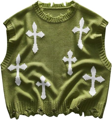 Men's Cross Print Sweater Vests Y2k Ripped Crew Neck Sleeveless Knit Tops in Saudi Arabia