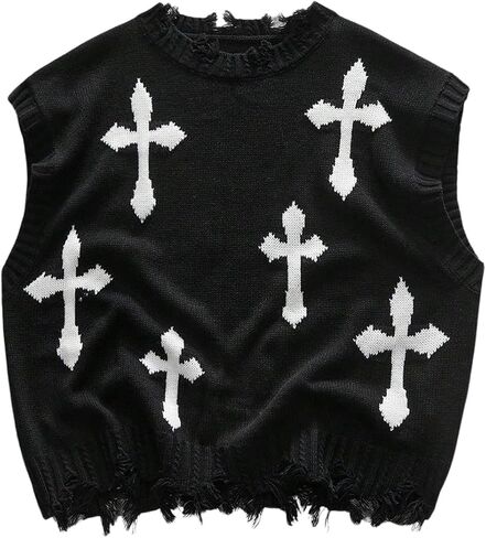 Men's Cross Print Sweater Vests Y2k Ripped Crew Neck Sleeveless Knit Tops in Saudi Arabia