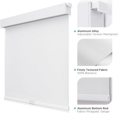 Joydeco No Drill Blackout Shades, Free-Stop Cordless Roller Shades, UV Protection, Thermal Insulated Blinds for Indoor Windows, Easy Install Window Blinds for Home and Office (White, 72" W x 75" H) in Saudi Arabia