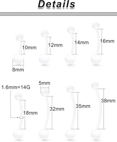 Ocptiy 14G Clear Plastic Belly Button Ring Pregnancy Belly Rings Maternity Navel Rings for Sport Pregnant Women Flexible Belly Piercing Retainer Long bar 10-38mm in Saudi Arabia