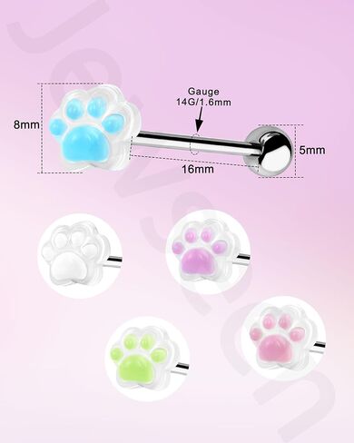 Jewseen 5Pcs Paw Tongue Rings Studs 14G Surgical Steel Tongue Piercing Jewelry Candy Color Straight Barbells for Women in Saudi Arabia