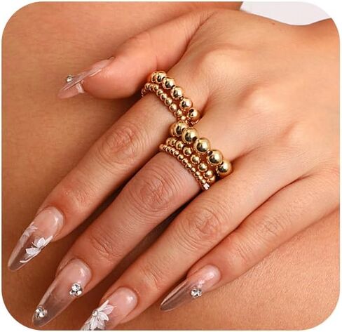 5Pcs Chunky Gold Elastic Beaded Rings Set for Women Dainty Stackable Round Balls Stretch Joint Ring Silver Simple Beaded Finger Jewelry Gifts in Saudi Arabia