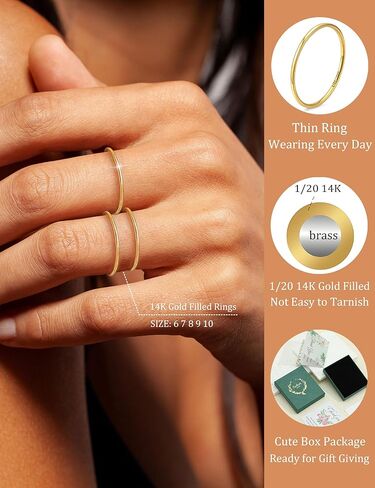 1mm 1/20 14K Gold Filled Rings for Women Non Tarnish Thin Dainty Stackable Gold Ring Pinky Thumb Band Rings Set Stacking Trendy Minimalist Waterproof Simple Cute Jewelry Size 6 to 10 in Saudi Arabia