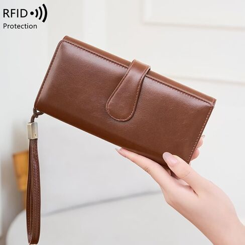 محفظة نسائية رفيعة من الجلد الأصلي مزودة بتقنية RFID طويلة ثنائية الطي مع جيب للعملات المعدنية ونافذة لبطاقة الهوية باللون القهوة (أحمر) in Kuwait