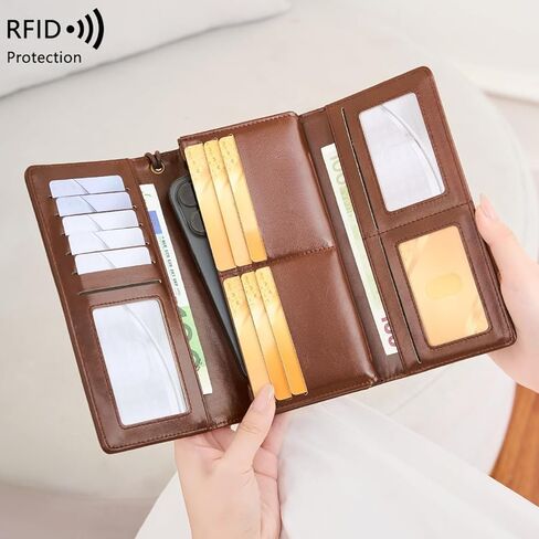 محفظة نسائية رفيعة من الجلد الأصلي مزودة بتقنية RFID طويلة ثنائية الطي مع جيب للعملات المعدنية ونافذة لبطاقة الهوية باللون القهوة (أحمر) in Kuwait