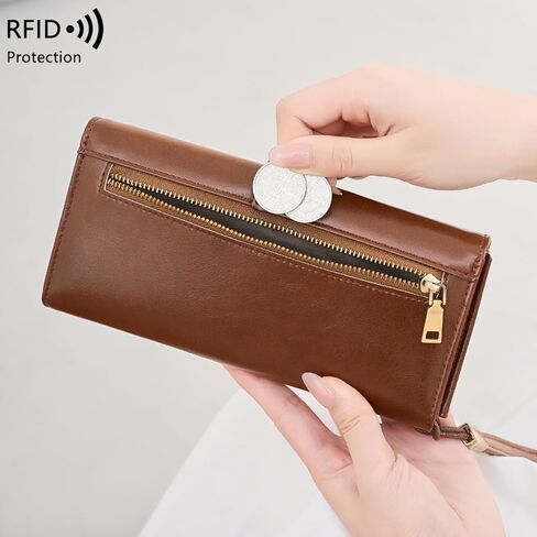 محفظة نسائية رفيعة من الجلد الأصلي مزودة بتقنية RFID طويلة ثنائية الطي مع جيب للعملات المعدنية ونافذة لبطاقة الهوية باللون القهوة (أحمر) in Kuwait