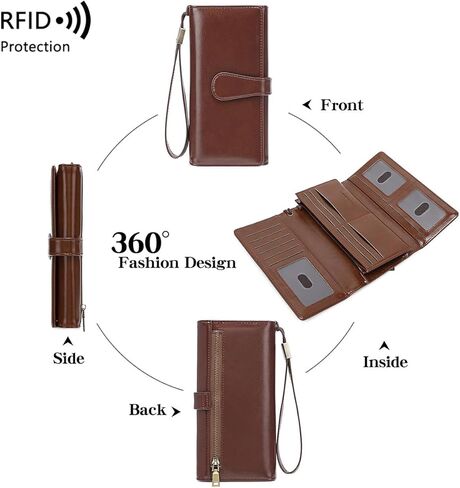 محفظة نسائية رفيعة من الجلد الأصلي مزودة بتقنية RFID طويلة ثنائية الطي مع جيب للعملات المعدنية ونافذة لبطاقة الهوية باللون القهوة (أحمر) in Kuwait