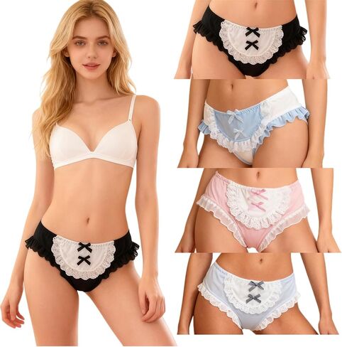 Cute Lolita Silky Ruffled Womens Underwear for Women 4 Packs Panties Kawaii Japanese-Style Lace Bow Frilly Satin Lace in Saudi Arabia