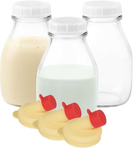 Kitchentoolz 16 Oz Glass Milk and Creamer Bottle with Caps - Perfect Milk Container for Refrigerator Storage - 16 Ounce Short and Wide Glass Milk Bottle with Lid and Pour Spout - Pack of 1 in Kuwait