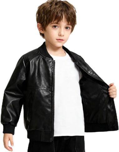 Boys Faux Leather Jacket–Kids Black PU Motorcycle Bomber Coat Windproof Outerwear with Pockets in Saudi Arabia