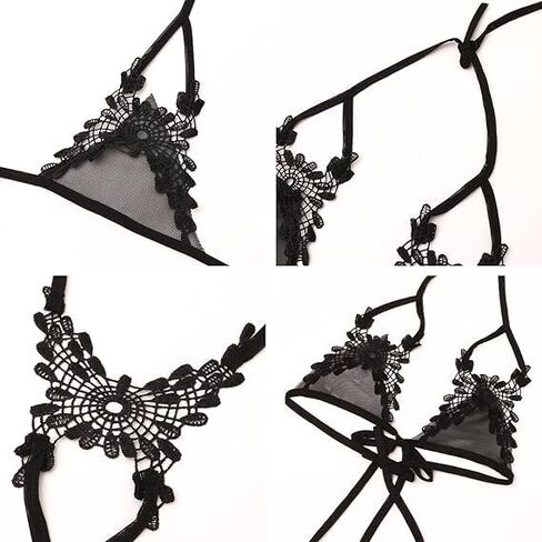 Women's Exotic Sheer Lingerie Sets, Lace Self Tie Lingerie Set, Micro Bikini Halter Bra & Strappy Thong Babydoll Black in Saudi Arabia