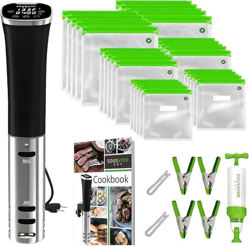 Sousvide Art Sous Vide Cooker Kit - 1000 واط ، تدوير غمر - 15 كيسًا فراغًا ومضخة وموقتًا رقميًا والتحكم في درجة الحرارة ؛ أكمل مجموعة طهي الماكينة السوس للطهاة والمبتدئين المنزليين in Kuwait