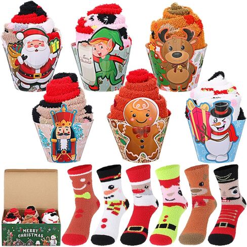 6 Pairs Christmas Cupcake Socks for Women Fuzzy Sock with Gift Box Bow Card Warm Winter Fluffy Sock Xmas Accessory in Saudi Arabia
