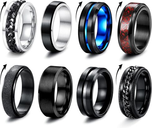 8 Pcs Stainless Steel Fidget Rings for Men Stainless Steel Twisted Chain Rings Spinner Rings for Fidget Rings for Women Wedding Promise Black Band Rings Cool Black Rings for Men Size L1/2-Z1/2 in Saudi Arabia