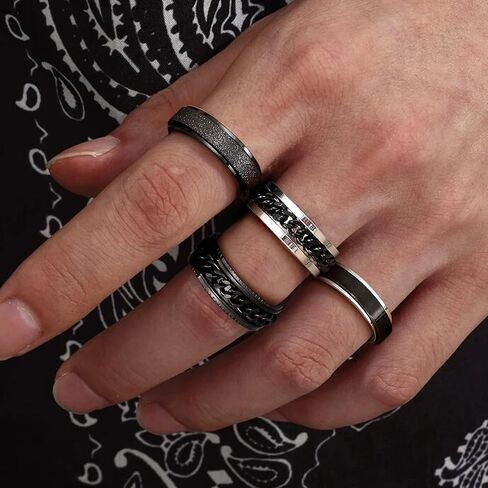 8 Pcs Stainless Steel Fidget Rings for Men Stainless Steel Twisted Chain Rings Spinner Rings for Fidget Rings for Women Wedding Promise Black Band Rings Cool Black Rings for Men Size L1/2-Z1/2 in Saudi Arabia
