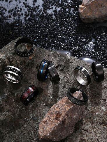 8 Pcs Stainless Steel Fidget Rings for Men Stainless Steel Twisted Chain Rings Spinner Rings for Fidget Rings for Women Wedding Promise Black Band Rings Cool Black Rings for Men Size L1/2-Z1/2 in Saudi Arabia