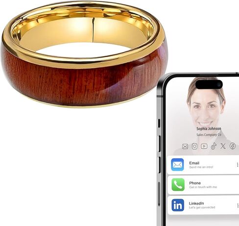 Koa Wood Band Inlay NFC Ring بطاقة عمل رقمية Ntag215 رقاقة مطلية بالذهب حلقة ذكية تعمل باللمس للمشاركة في علامات الأعمال التي تنطبق على الهاتف (خشب Koa مطلي بالذهب، الولايات المتحدة #12) in Kuwait