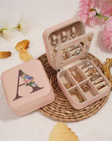 Travel Jewelry Organizer with Mirror | Small Portable Jewelry Box Case | Birthday Christmas Gifts for Women | Jewellery Storage Holder for Ring Earring Necklace Organizer - Floral Letter A in Saudi Arabia