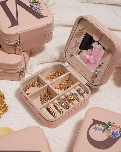 Travel Jewelry Organizer with Mirror | Small Portable Jewelry Box Case | Birthday Christmas Gifts for Women | Jewellery Storage Holder for Ring Earring Necklace Organizer - Floral Letter A in Saudi Arabia