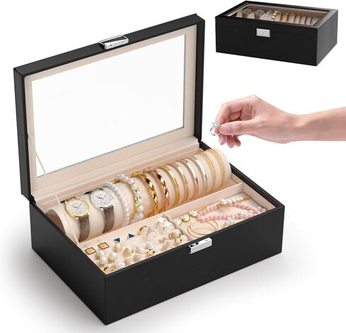 Jewelry Organizer Box with Clear Glass Lid, Bracelet Holder Jewelry Storage Case for Earrings, Rings, Bangles, Watches - PU Leather Jewelry Display Box Gifts for Women Girls, White in Kuwait