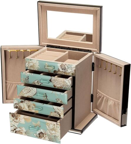 Glass Vintage Jewelry Box,5-Layer Jewelry Case,Green Jewelry Storage for Women,Decorative Gift Box,Jewelry Organizer For Necklaces Rings Earrings Bracelets in Saudi Arabia