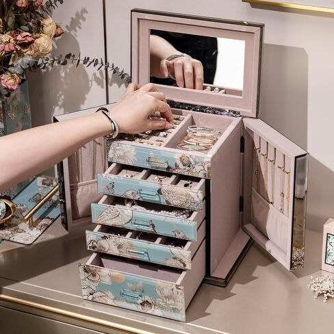 Glass Vintage Jewelry Box,5-Layer Jewelry Case,Green Jewelry Storage for Women,Decorative Gift Box,Jewelry Organizer For Necklaces Rings Earrings Bracelets in Saudi Arabia