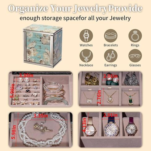 Glass Vintage Jewelry Box,5-Layer Jewelry Case,Green Jewelry Storage for Women,Decorative Gift Box,Jewelry Organizer For Necklaces Rings Earrings Bracelets in Saudi Arabia