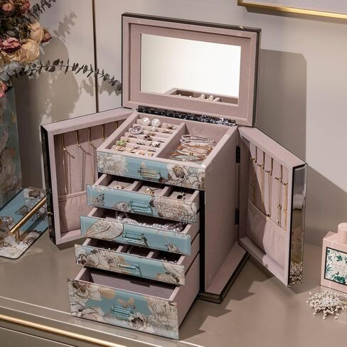 Glass Vintage Jewelry Box,5-Layer Jewelry Case,Green Jewelry Storage for Women,Decorative Gift Box,Jewelry Organizer For Necklaces Rings Earrings Bracelets in Saudi Arabia