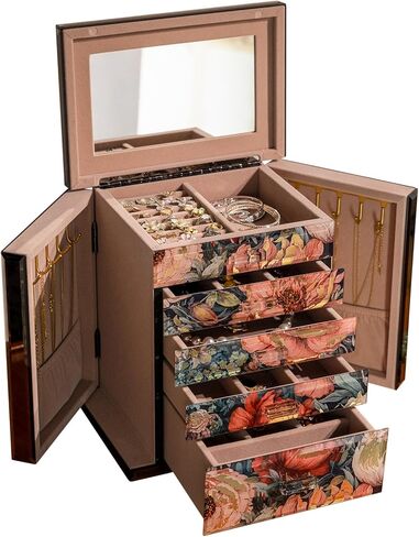 Glass Vintage Jewelry Box,5-Layer Jewelry Case,Green Jewelry Storage for Women,Decorative Gift Box,Jewelry Organizer For Necklaces Rings Earrings Bracelets in Saudi Arabia