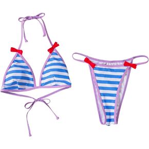Mememe تأثيري حلي الأزرق والأبيض شريط بيكيني النمط الياباني لطيف 2 قطعة ملابس السباحة ثوب السباحة للنساء in Kuwait