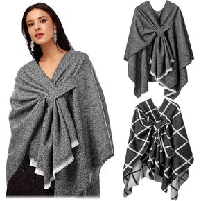 2 Pcs Women's Shawl Wrap Plaid Soft Open Front Poncho Sweater Cardigan Cape Scarf for Fall Winter Spring in Saudi Arabia