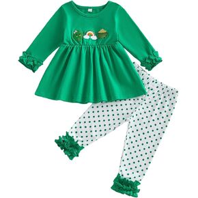 FIOMVA Baby Girl St. Patricks Day Outfits Toddler Lucky Charm Tshirt Ruffle Clover Print Tops+Ruffle Cuff Striped Pants Set in Kuwait