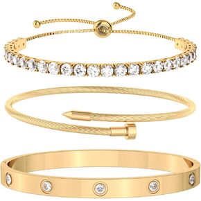 PCY Gold Bracelets For Women,3PC Bangle Gold Plated Bracelets For Women,Trendy Statement Cuff Stackable Bangles Set,Fashion Jewelry for Women. in Kuwait