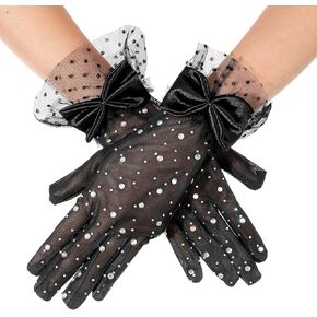 Women Lace Gloves, Tea Party Wedding Gloves Black Elegant Short Lace Formal Floral Glove with Bow and Rhinestones, 1920s Costume Accessories for Bridal, Wedding, Evening, Party, Opera, Halloween in Kuwait