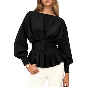 Boat Neck Long Sleeve Shirts Tops for Women Slim Fit Crew Neck Ruffle Pullover Sweatshirt Fall Peplum Tops with Belt in Saudi Arabia