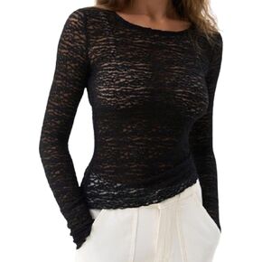 Women Sheer Lace Long Sleeve Tops Floral Lace See Through Layering Top Sexy Sheer Mesh Slim Fit Blouse in Kuwait