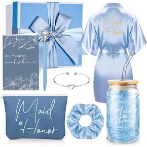 Irenare 8 Pcs Proposal Gifts Set Robes Makeup Bag Cup Cards Hair Tie Bracelet Diamond Pen Bridesmaid Gift Box(Champagne,Maid of Honor) in Saudi Arabia
