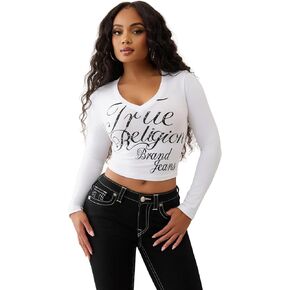 True Religion Women's Crystal Branded Logo V-Neck Baby Tee – Long Sleeve T-Shirt in Saudi Arabia