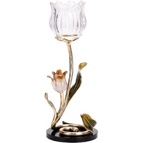 Luxury Crystal Base Glass Flower Candle Holder – Gold Plated Zinc Alloy with Enamel, Romantic Tea Light Holder, French Style Wedding Table Centerpiece, Home Decor in Saudi Arabia