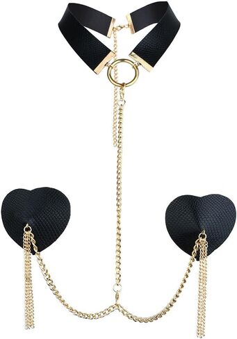 Sexy Heart Nipple Pasties Body Chain for Women Leather Nipple Cover Stickers Bra Chest Chain Metal Nipple Chain Adjustable Choker Necklace Nightclub Party Body Accessories Jewelry in Saudi Arabia