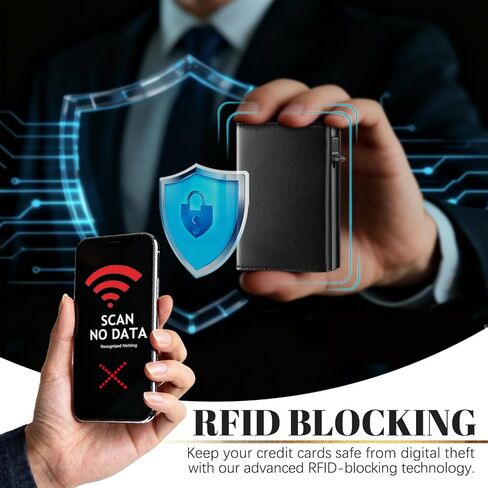 محفظة للرجال مع حامل بطاقات، محفظة ذكية للرجال منبثقة مع خاصية حجب RFID، محفظة إغلاق مغناطيسي لـ 10-14 بطاقة، نافذة لبطاقة الهوية، فتحة للنقود - هدايا مثالية للرجال (أسود) in Saudi Arabia