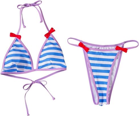 Mememe تأثيري حلي الأزرق والأبيض شريط بيكيني النمط الياباني لطيف 2 قطعة ملابس السباحة ثوب السباحة للنساء in Kuwait