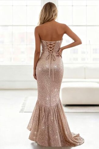 Strapless Sequin Prom Dress 2026 with Slit Sparkly Mermaid Long Ball Gown Tiered Glitter Formal Evening Gown in Saudi Arabia