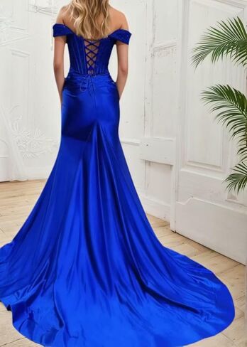 Mermaid Off Shoulder Satin Prom Dresses with Slit Sparkly Sequin Lace Long Formal Evening Gowns in Saudi Arabia