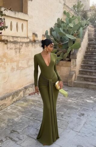 Women's V Neck Mermaid Prom Dresses with Tie 2026 Long Sleeve Pleated Silk Formal Evening Gowns in Saudi Arabia