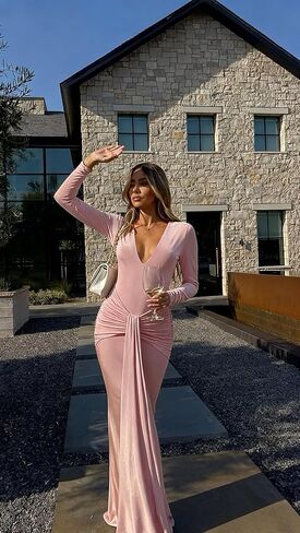 Women's V Neck Mermaid Prom Dresses with Tie 2026 Long Sleeve Pleated Silk Formal Evening Gowns in Saudi Arabia