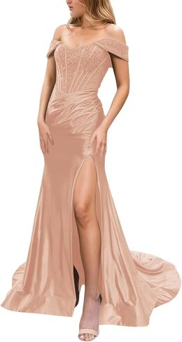 Mermaid Off Shoulder Satin Prom Dresses with Slit Sparkly Sequin Lace Long Formal Evening Gowns in Saudi Arabia