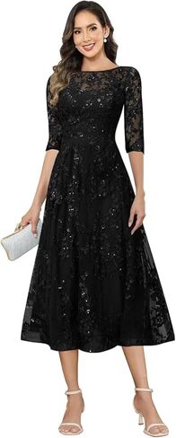 Sequin Floral Mother of Bride Dresses Tea Length Tulle Lace 3/4 Sleeve Wedding Guest Dress A-Line Formal Gown in Kuwait