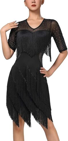 IBAKOM Short Sleeve Sparkly Latin Dance Dress Fringe Rhinestone Ballroom Dance Outfits Women Jazz 20s Flapper Fringe Costume in Saudi Arabia