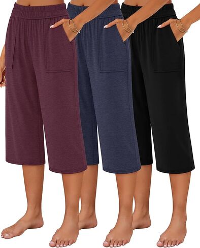Neer 3 Pack Women's Capris Pants Cotton Wide Leg Sweatpants Lounge Casual Loose Fit Cropped Jogger Yoga Pant with Pockets in Saudi Arabia